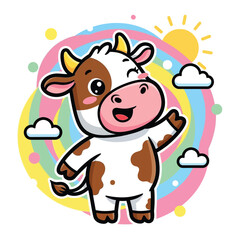 Obraz premium Cute cartoon cow waving happily with a friendly expression.