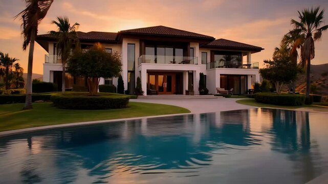 A large house surrounded by palm trees, featuring a spacious pool in the foreground.