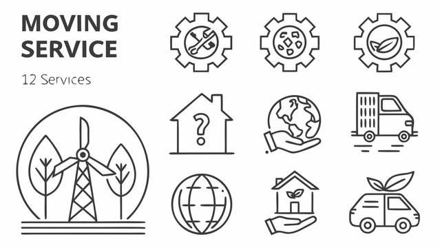 Moving service 12 services clean line icons set including environmental focus home relocation and global transport