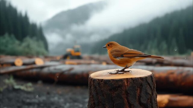 Little orange bird standing on cut tree stump. Deforestation concept with blurry mountain and pine forest in background
