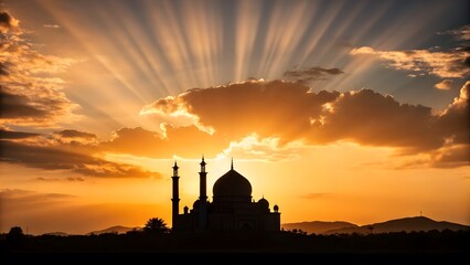 Obraz premium A majestic mosque stands silhouetted against a dramatic golden sunset sky with vibrant sun rays.