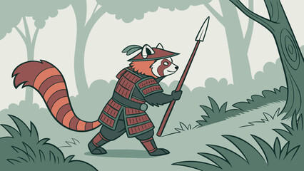 Samurai red panda warrior with spear in forest, cartoon character illustration, nature and fantasy theme, cute and adventurous spirit © naz