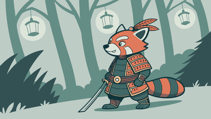 Red panda samurai in traditional Japanese armor, holding katana sword, standing in serene forest with lanterns, proud stance, cartoon illustration © naz