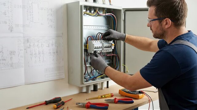 Caucasian man electrician repairing electrical panel and wiring circuits, checking connections for maintenance work of networks