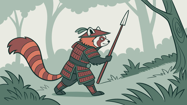 Samurai red panda warrior with spear in forest, cartoon character illustration, nature and fantasy theme, cute and adventurous spirit