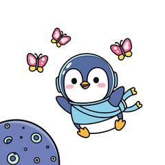 Obraz premium Cute cartoon astronaut penguin flying with butterflies.