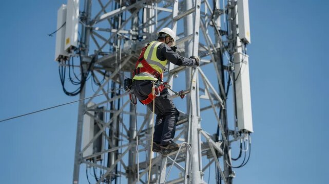 Medium shot of a worker wearing safety harness climbing a cell tower under sunny blue sky with blurred background of distant antennas.