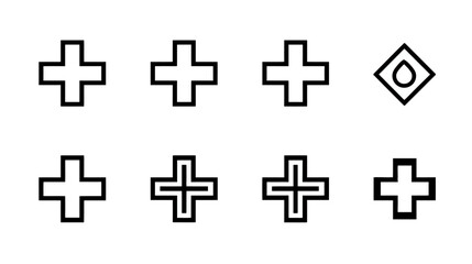 Obraz premium Set of outline cross symbols and a water drop icon, representing medical, first aid, plus sign, and hydration concepts in vector graphics.