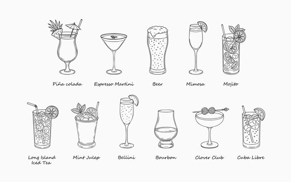 Hand drawn cocktail collection in elegant line art style. Classic alcoholic drinks illustrated with minimal design for bar menus or recipe guides.