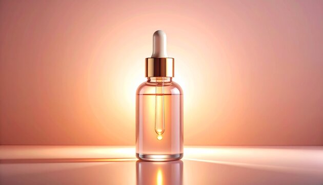 スポットライトに照らされた美容液ボトルとスポイトのシンプルで柔らかな3D風イラスト