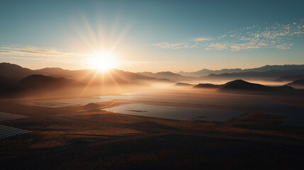 Fototapeta premium Sunrise Majesty Over Mountains: The sun's radiant rays pierce through a hazy mist, illuminating majestic mountain ranges and a tranquil lake, painting the landscape with warm hues.