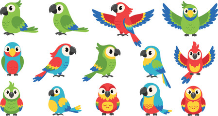 Cute parrot cartoon vector set with colorful tropical birds, funny characters and exotic animal illustration collection © MdMunzurul