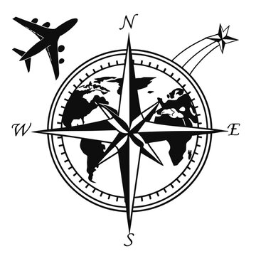 A compass with a plane flying over the world map Vector