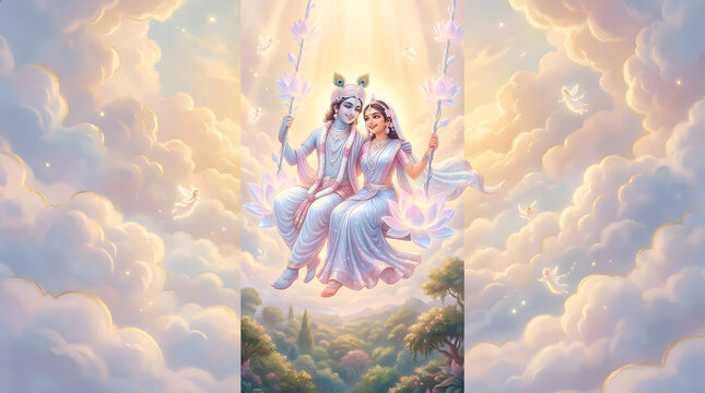 Radha Krishna illustration on celestial swing above clouds representing Jhulan Leela divine playfulness and transcendence beyond material world background wallpaper