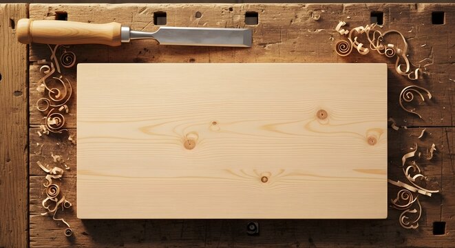 A clean wooden board placed on a rustic workbench with a sharp chisel and scattered wood shavings