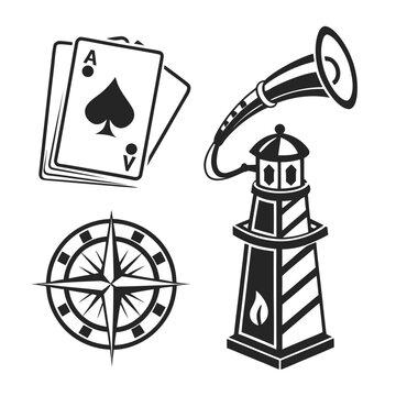 A black and white image of a lighthouse, cards and a compass Vector
