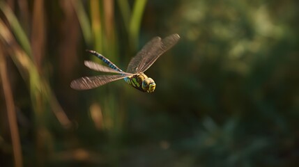 Fototapeta premium Dragonfly’s Graceful Flight A Stunning Wildlife Portrait Bathed in Warm Sunlight