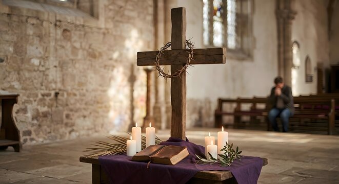 Good friday altar with cross candles and holy book in church