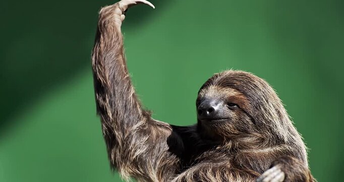 A sloth leisurely hanging from a branch, enjoying the sun with a vibrant green background