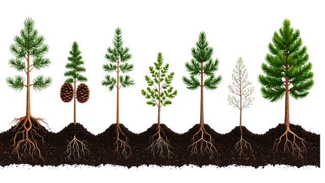 Pine Tree Growth Stages Evolution from Seedling to Mature Fir with Cones in Soil Isolated on White Background Forestry and Nature Cycle Vector Illustration