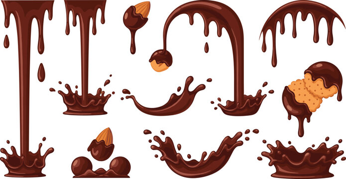 Chocolate Splash and Drip Collection with Falling Drops Liquid Cocoa Waves and Sweet Dessert Elements for Food Design Vector Illustration Set