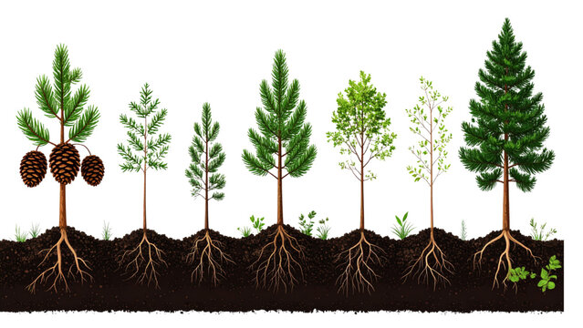 Pine Tree Growth Stages Evolution from Seedling to Mature Fir with Cones in Soil Isolated on White Background Forestry and Nature Cycle Vector Illustration