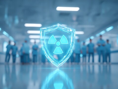 Glowing glass shield with a radiation symbol protecting a team of doctors. Symbolizes advanced nuclear safety, radiological defense, and medical protection protocols.