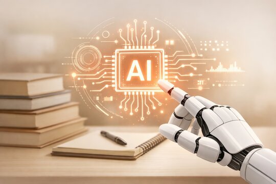 AI-Powered Learning: A robotic hand elegantly interacts with a glowing AI interface, symbolizing the fusion of artificial intelligence and education in a modern learning environment.