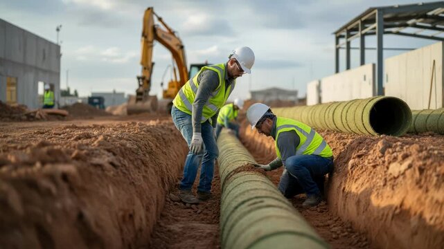 Medium frame capturing workers laying ecofriendly conduits in a light industrial zone trench emphasizing the biodegradable material with blurred machinery in the backdrop