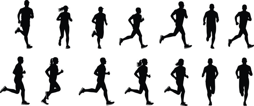 A collection of black silhouettes showing various men and women engaged in running and jogging isolated on white background