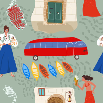 Malta seamless pattern, vector illustration of island landmarks, hand drawn.
