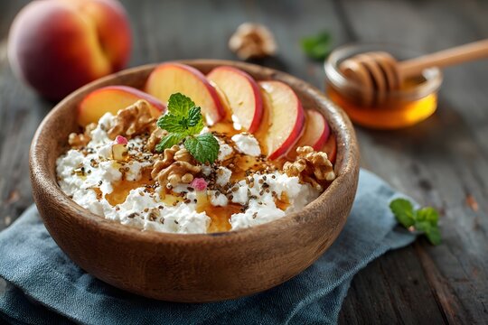 Healthy cottage cheese bowl with fresh peach slices walnuts and honey