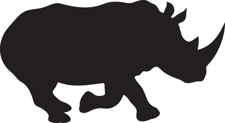 Rhinoceros walking silhouette, powerful wildlife animal side view. Black vector icon of a walking rhino with sharp horn and sturdy body, representing strength, endangered species, and African savanna  © digital mine