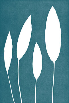 Abstract cyan blue cyanotype composition with aquatic plants on textured paper