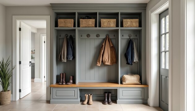 Modern mudroom features grey built-in storage with wooden bench and coat hooks. Organized entryway with baskets, boots, jackets, and bags. Tiled floor leads to interior doors and exterior glass door.