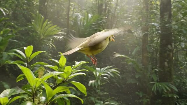 Yellow Canary Bird Taking Flight from Branch in Jungle - Generative AI