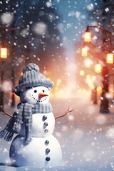 Obraz premium A snowman wearing a hat and scarf, standing in the snow. This picture can be used to depict winter, Christmas, or holiday themes.