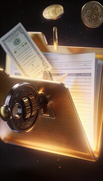 Financial folder with combination lock securing digital currency coins and important documents, symbolizing investment protection, financial security, bitcoin, and modern currency management concepts