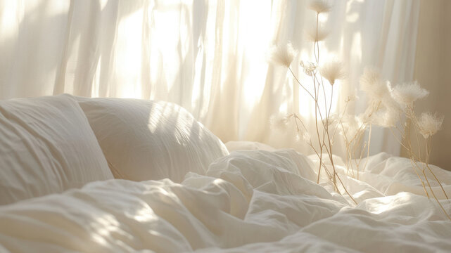 Morning light filters through the bedroom window onto soft linens. Peaceful interior and tranquil textile details.