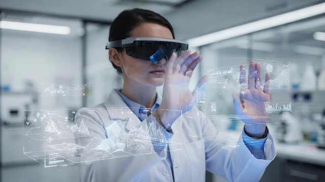 Scientist in a sleek science center wearing mixed reality goggles analyzing dynamic 3D models with sharp focus on data elements and diffused laboratory details behind.