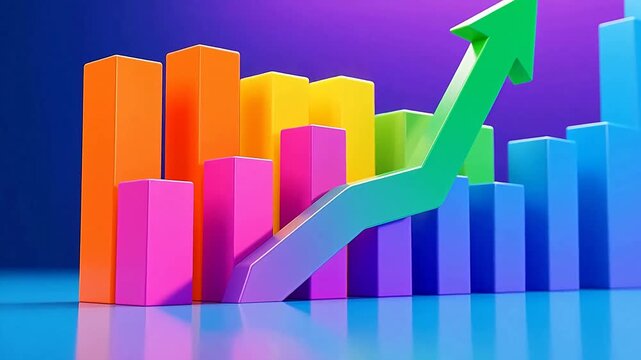 Vibrant 3d bar chart with upward green arrow