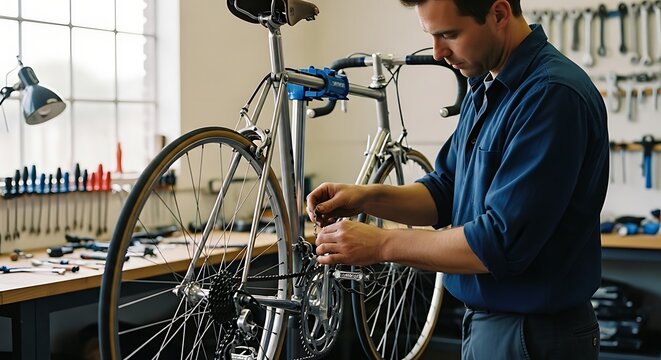 A person works on a bicycle in a workshop focusing on maintenance repair and professional assistance showcasing equipment and tools and showcasing a