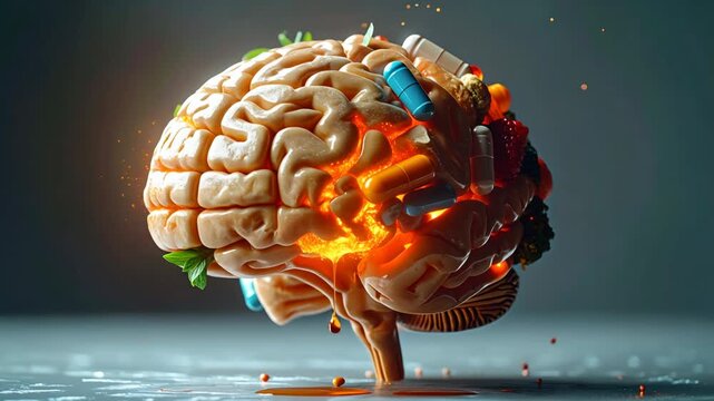 Organic brain supplement nutrient concept for smart health and vitality with colorful food, wellness energy focus, creative mind cognition