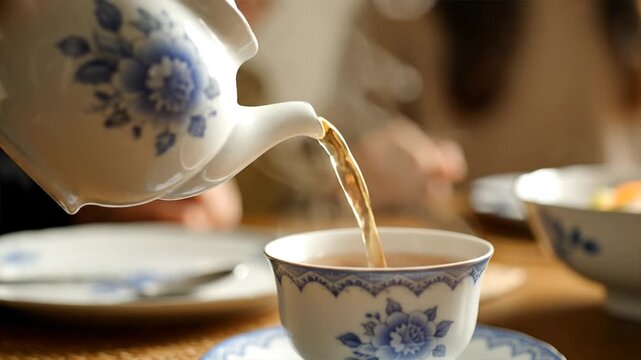Tea pouring from floral teapot into cup close up against blurred background