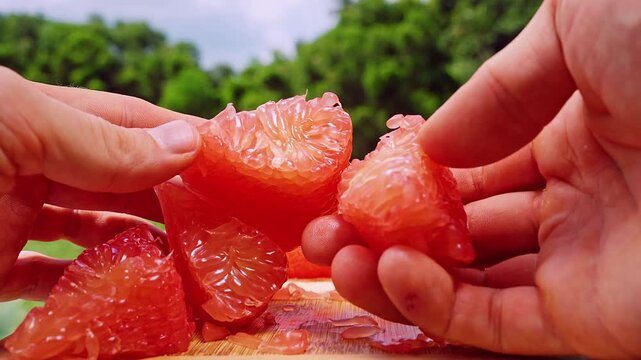 Close Up of Hands Gathering Fresh Red Pomelo Segments on Wooden Board with Juicy Pieces and Natural Light in Tropical Environment, Fresh Organic Food