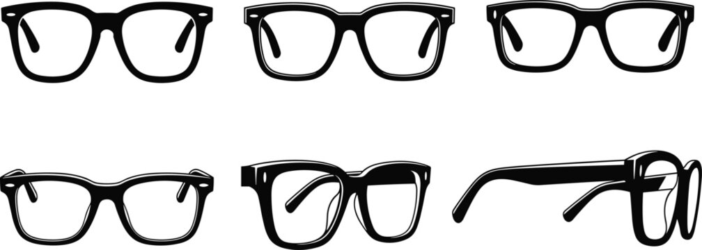 A collection of black and white line art illustrations depicting various styles of eye glasses isolated on white background