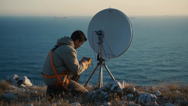 Technician on coastal ridge concentrates on microwave dish positioning signal meter in hand foreground details crisp against blurred sea and horizon.