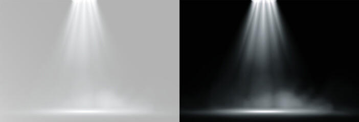 Wide white spotlight beam with cone light effect and smoke haze for stage podium and product showcase background, overlay  © Alehandro