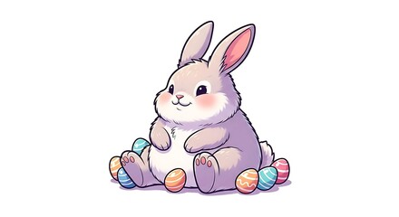 Obraz premium Fat fluffy bunny sitting happily surrounded by small Easter eggs, adorable cartoon illustration style with soft shading, rounded body proportions and tiny feet, high clarity, isolated white background