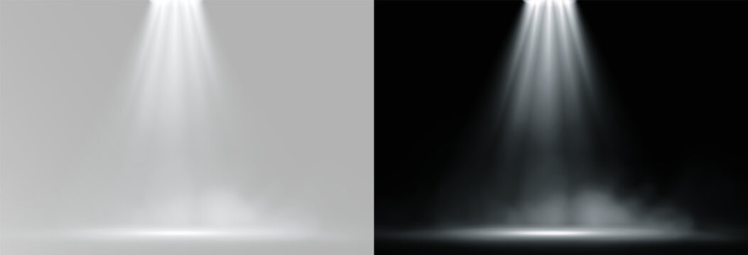 Wide white spotlight beam with cone light effect and smoke haze for stage podium and product showcase background, overlay 